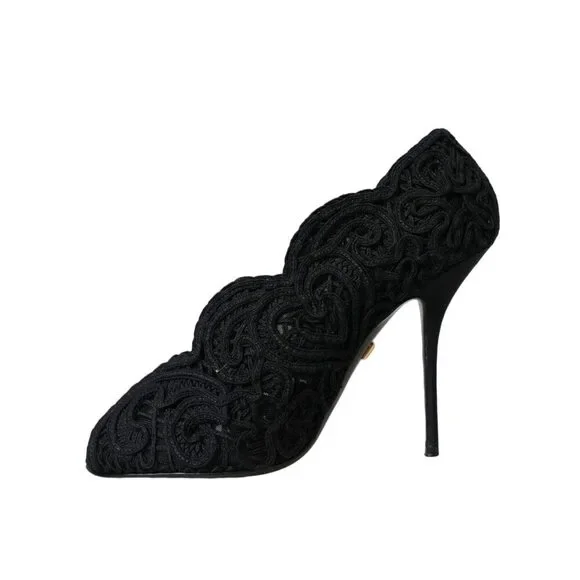 Dolce & Gabbana Black Cordonetto Ricamo Pump Open Toe Shoes - Picture 5 of 9